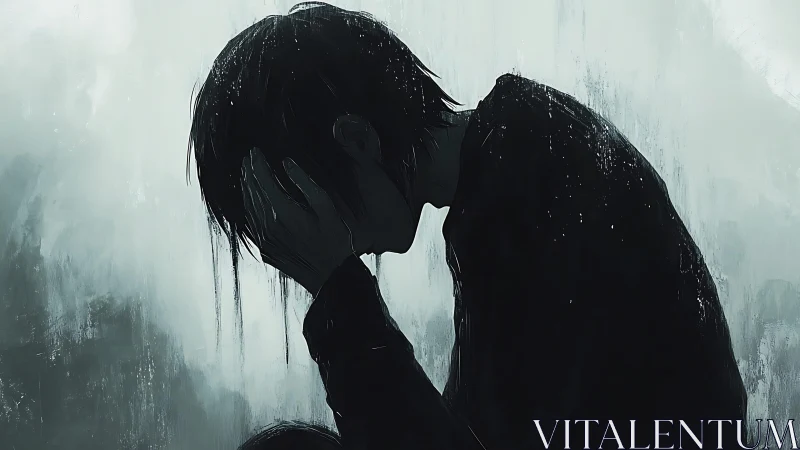 Silhouetted figure with head in hands against muted backdrop.