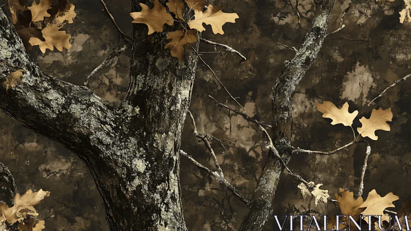 Tree trunk with lichen and dry oak leaves against dark ground
