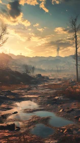 Desolate muddy track through barren valley at sunset.