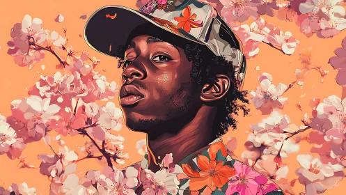 Portrait of young man amid vivid cherry blossoms in bloom.