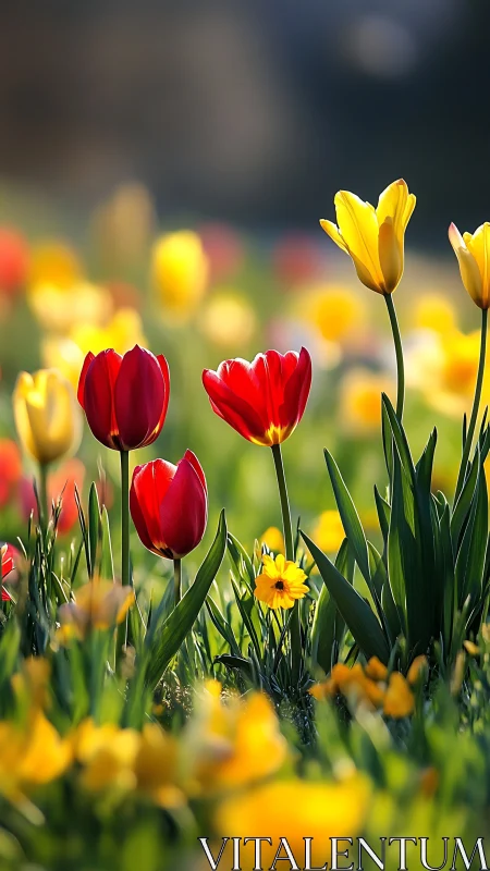 Red tulips command spring's spotlight amid golden companions