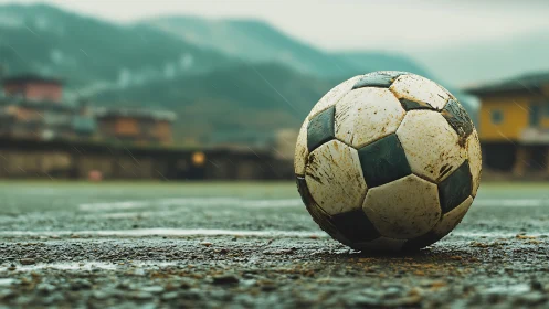 Worn soccer ball resting on wet outdoor field in rain.