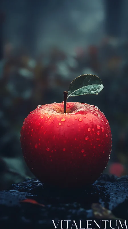 Dew‑kissed red apple glows softly against a moody forest blur