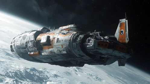 Heavy orbital spacecraft gliding above icy planetary horizon.