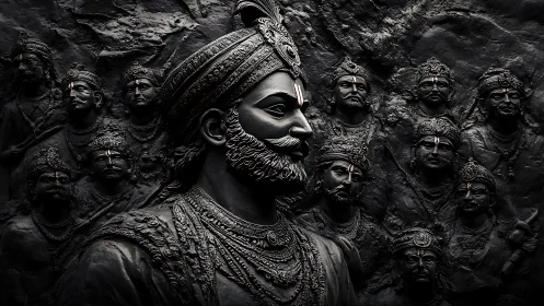 Regal warrior relief in dark bronze high-relief sculpture.