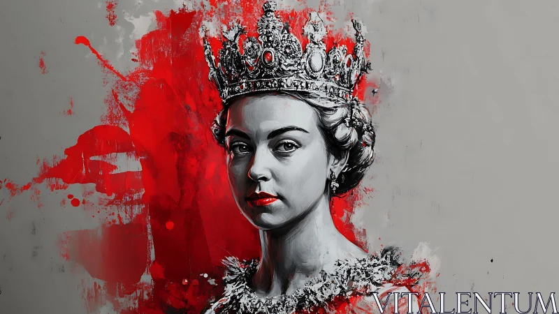 Regal grayscale portrait contrasts with bold red paint splash.