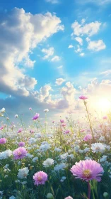 Wildflower meadow under bright blue sky at sunrise.