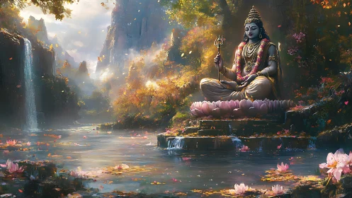 Divine lotus deity beside misty waterfall in forest shrine.
