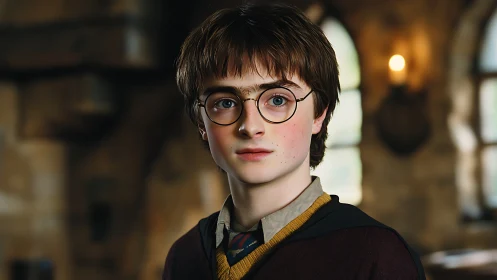 Youth in school robe under warm interior lighting faces camera