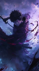 Cursed swordsman unleashes violet storm in raging void