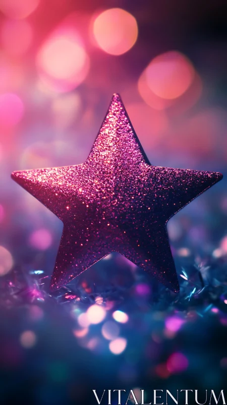 Glitter-coated magenta star rendered with shallow depth of field