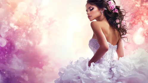 Bridal portrait in jeweled gown against bokeh pink backdrop