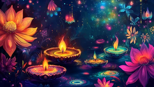 Glowing festival candles and flowers in a dreamy night garden.