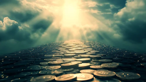 Coins form reflective pathway under dramatic sun rays