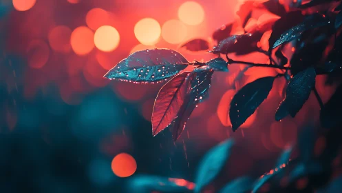 Macro foliage in teal and crimson bokeh rainfield study.