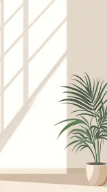 Potted palm near wall with window light and elongated shadows.