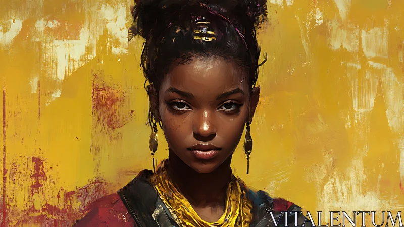 Vibrant portrait of woman against textured yellow ground.