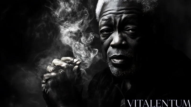 Monochrome elder portrait in dramatic sidelight and smoke.