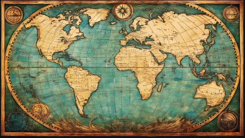 Antique world map illustration with textured oceans and lands.