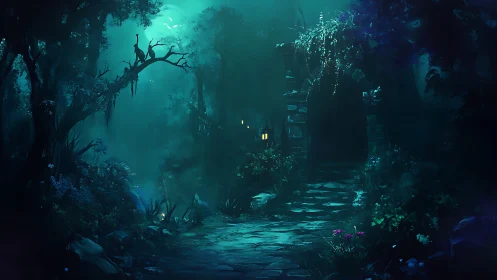 Moonlit forest ruin glows with eerie, beckoning lantern light
