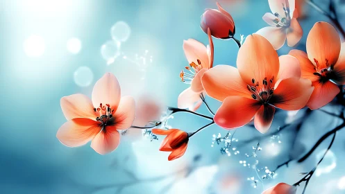 Coral blossoms luminous against soft sky.