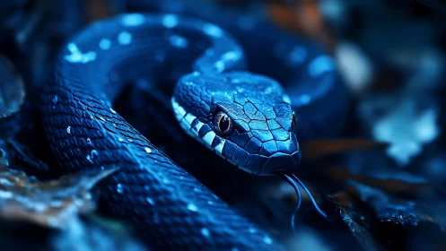 Moonlit cobalt serpent coiled in hush and glimmering focus.