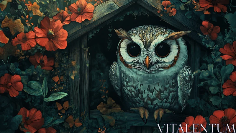 Whimsical owl in wooden house with vivid red flowers, digital art.