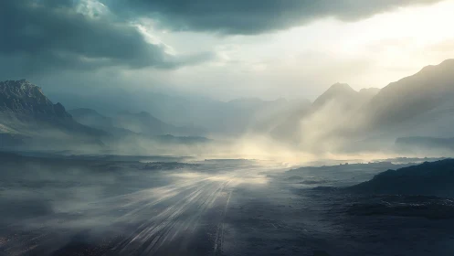 Misty mountain valley road under dramatic morning light.