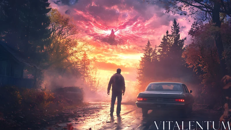 Man watches fiery sky phoenix above forest road at dusk.