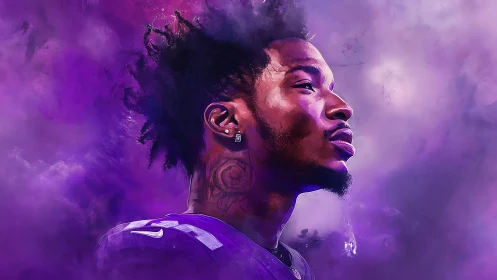 Purple digital portrait of confident male football player.