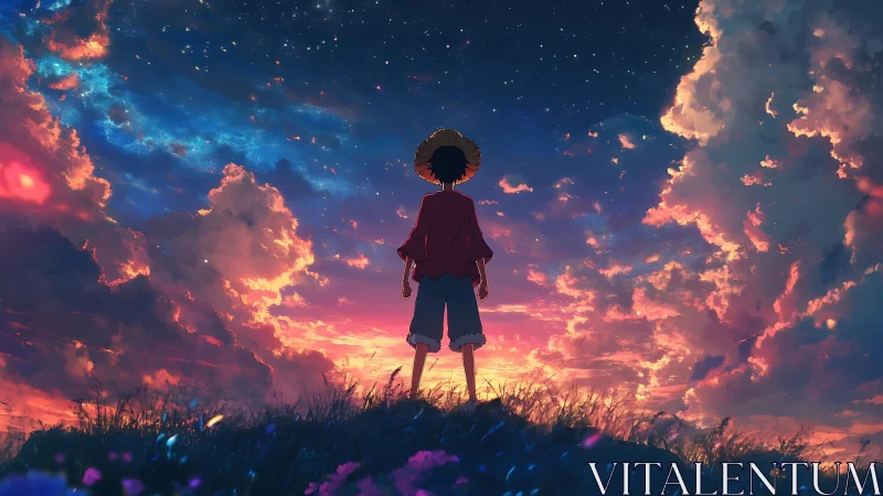 Silhouetted wanderer beneath cosmic sunset sky panorama.