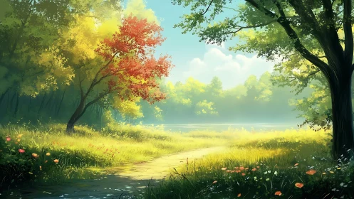 Crimson Canopy Meets Sunlit Meadow in Nature's Golden Theater