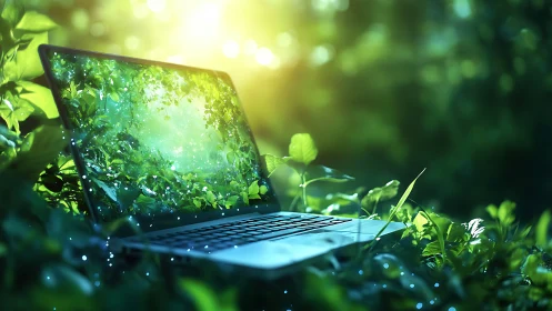Digital laptop sanctuary immersed in luminous forest light.