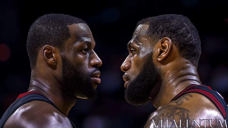 Two basketball players facing off in close sideline view.
