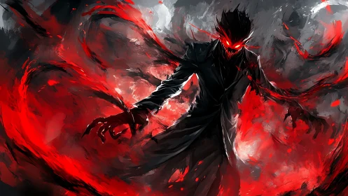 Demonic silhouette wreathed in crimson energy swirls.