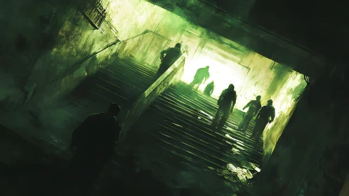 Survivors ascend a ruined stairwell into eerie green light.