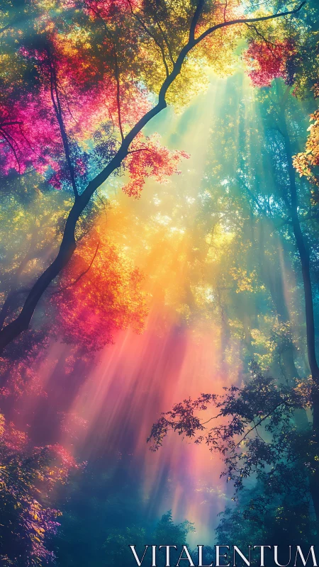 Prismatic forest dawn where rainbow light weaves through trees.