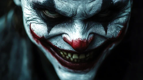 Sinister clown close-up radiates chilling, menacing energy