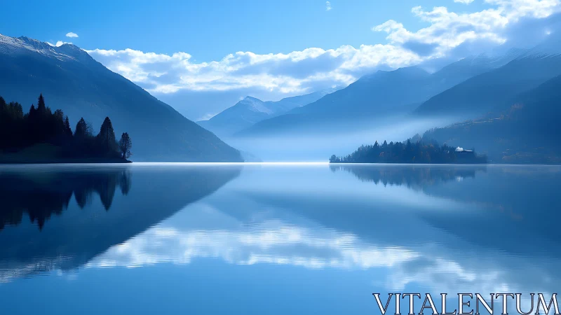 Alpine lake horizon with mirrored blue mountains and clouds.
