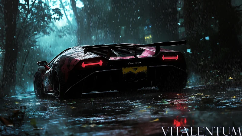 Night rain chase with a glowing red supercar on wet road.