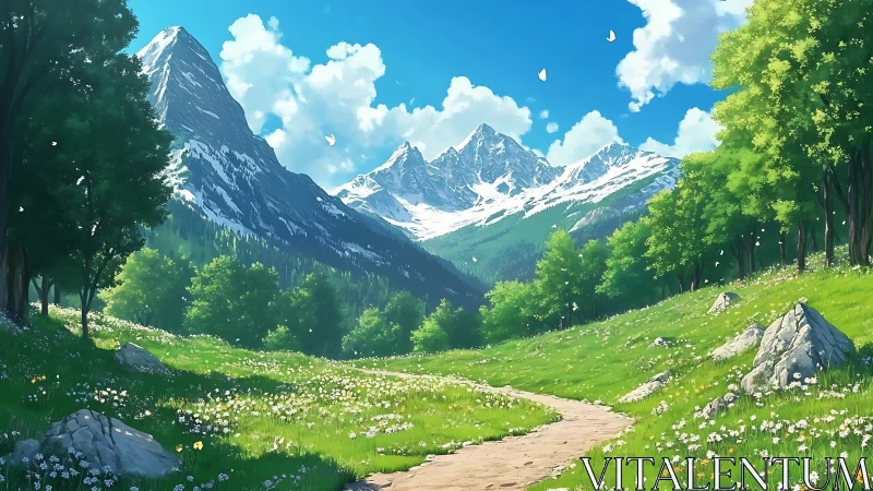 Mountain valley path curves through bright green meadow