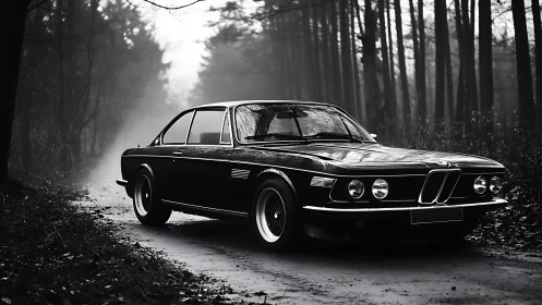 Monochrome classic BMW coupe parked on misty forest road