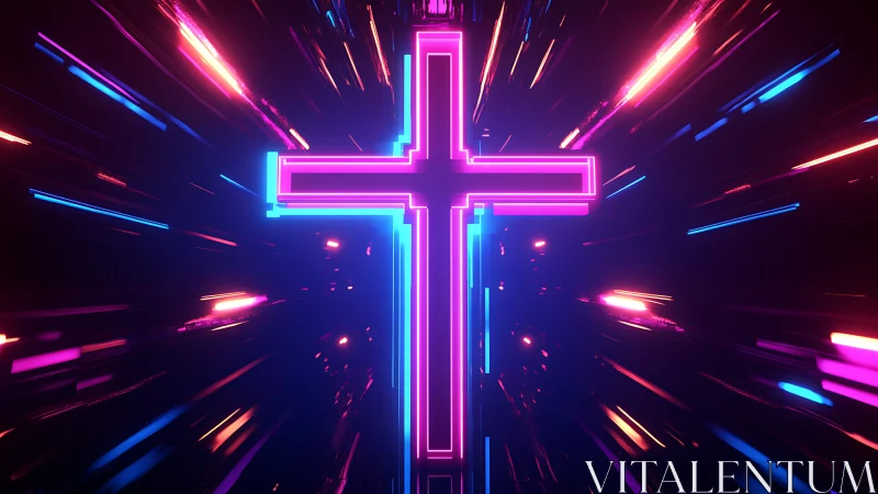 Neon cross glowing in futuristic radial light burst.