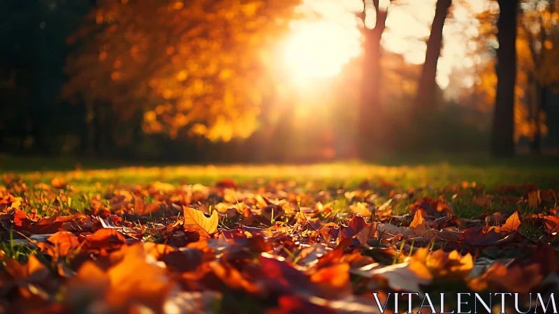 Golden autumn sunlight pours gently over fallen leaves