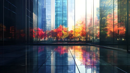 Autumn Foliage Reflected Through Floor-to-Ceiling Glass Atrium.