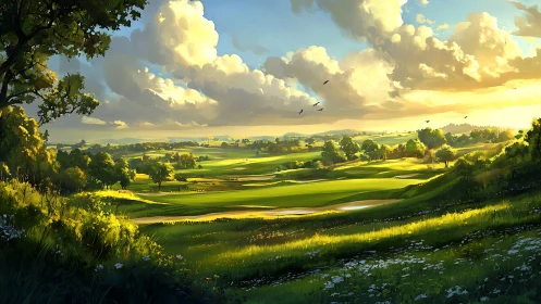 Sunlit digital landscape over rolling green countryside fields.