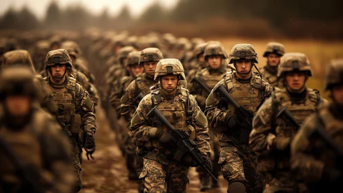 Marching soldiers carve a river of resolve through morning haze