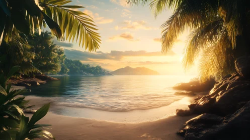 Tropical Beach Cove at Golden Hour Sunset.