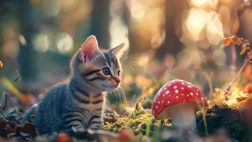Small tabby kitten observes red mushroom in forest setting