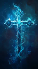 Luminescent azure cross carves firelight through night